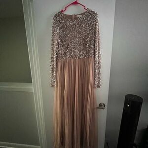 Long Sleeve Sequin Bodice Tulle Evening Gown - Blush